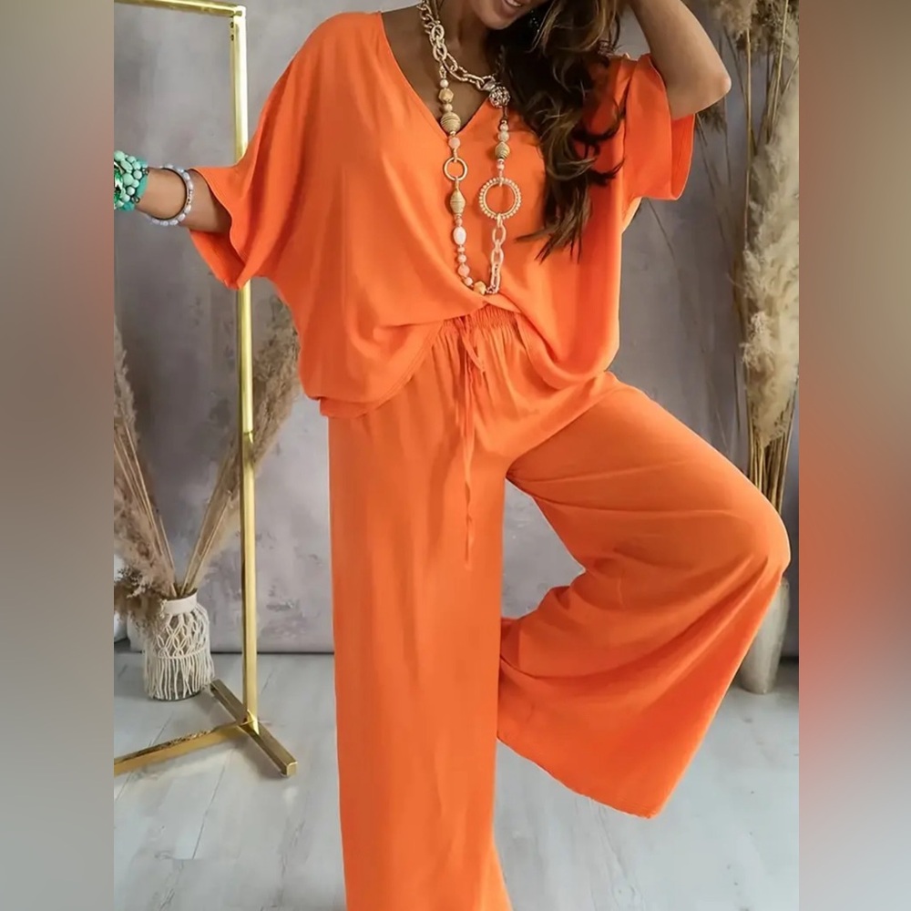 Casual Solid Color Pants Set, Half Sleeve V Neck Top & Wide Leg Pants Outfit
